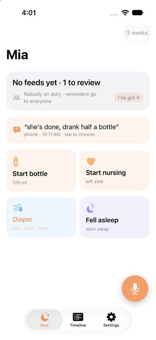 The Wee Hours home screen: a status line, a voice entry to review, and tiles for bottle, nursing, diaper and sleep
