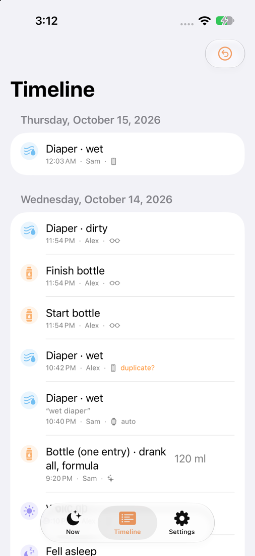 The shared timeline: feeds, diapers and sleep with who logged each one